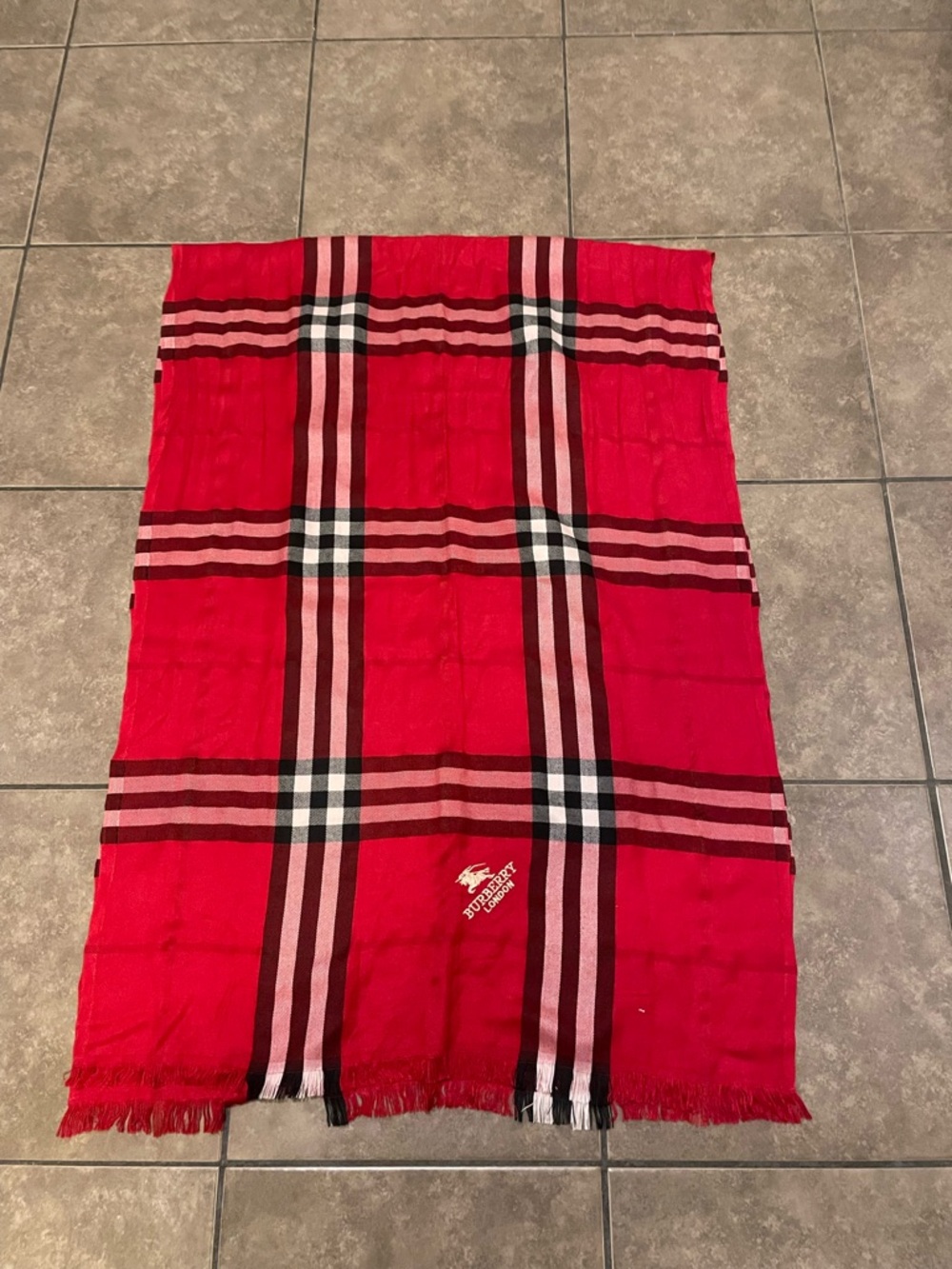 Burberry Red Plaid Fringe Scarf with Black & White Checks